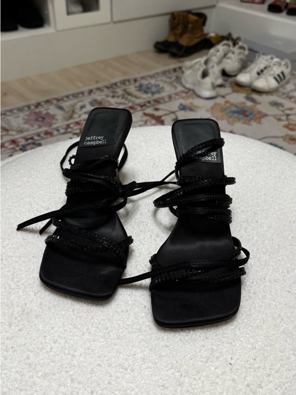 Jeffrey Campbell Black Strappy Square-Toe Wrap Heels